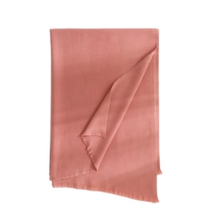 Pink coral cashmere-like scarf with fringe edges displayed on white background
