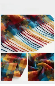 Détails de l'écharpe à carreaux colorés montrant les franges et la texture tissée douce