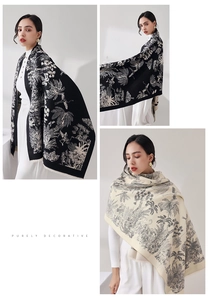 Detail eines doppelseitigen Jacquard-Schals mit Tropenmuster und weicher Textur