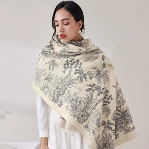 Damen Schal In Kaschmir Optik Toile De Jouy Druck Groß Warm Gewebt Quasten Schultertuch Winter Elegant Vintage Wrap
