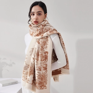 Französischer Toile de Jouy Schal aus Kaschmirimitat mit Quasten für den Winter