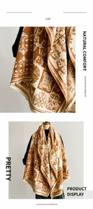 Detail view showing brown plaid texture and fringe on the imitation cashmere shawl