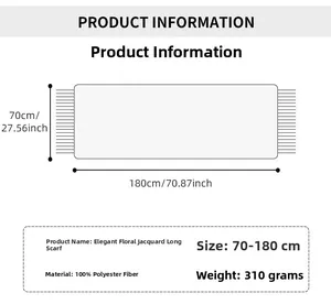 Size chart for floral jacquard tassel scarf, 70x180cm, 100% polyester, 310g weight