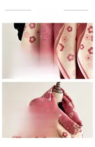 Detail showing red floral patterns and texture of the thick double-sided cashmere scarf