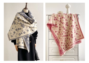 Close-up of double-sided floral cashmere-feel scarf with elegant fringe detail