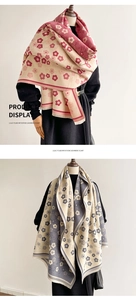 Detailed comparison of red and grey floral patterns on thick imitation cashmere scarves