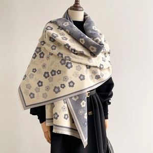 Classic double-sided thick floral cashmere-like scarf with fringe in beige and grey