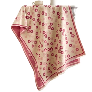 Classic thick cashmere-like scarf with floral pattern and fringe in cream and pink