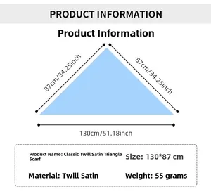 Detailed size chart for blue twill satin triangle scarf showing 130x87cm dimensions