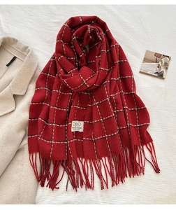 Close-up of red plaid scarf with fringe tassels and white woven brand label on edge
