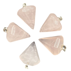 Set of five hexagonal rose quartz crystal point pendants with silver metal clasps