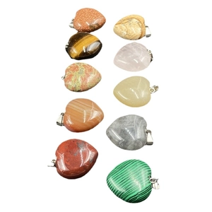 Set of ten 30mm heart-shaped crystal pendants in various natural stones with silver bails