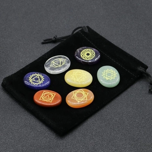 Chakra Stones Natural Healing Crystals Engraved Symbols Oval Polished Energy Rocks Meditation Yoga Balance With Velvet Pouch