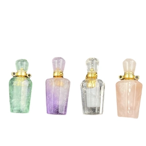 Set of faceted crystal perfume bottle necklaces in amethyst and quartz with gold accents
