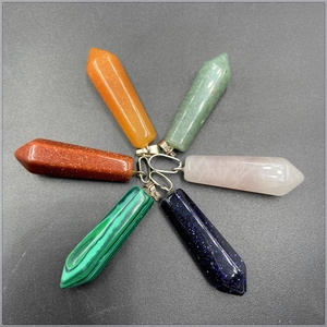 Set of six hexagonal prism natural stone pendants in vibrant colors with silver clasps