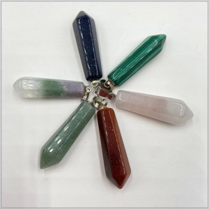 Set of six hexagonal natural stone pendants with silver metal clasps in various colors