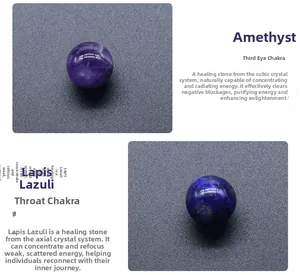 Detailed view of polished amethyst and lapis lazuli spheres for chakra healing therapy