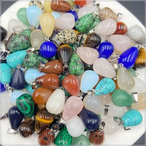 Detailed collection of assorted teardrop gemstone pendants with silver metal clasps