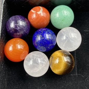 Macro detail of eight 16mm chakra crystal spheres with geometric faceted carving textures