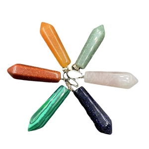 Set of six hexagonal crystal prism pendants in various natural stones and colors