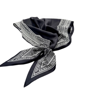 Classic black and white paisley silk scarf with geometric border and satin finish