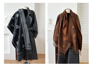 Détail du motif jacquard ours et cœur sur une écharpe épaisse en imitation cachemire