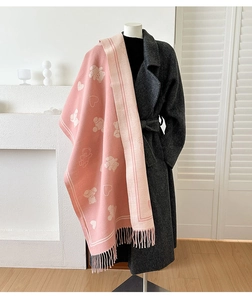 Détail d'une écharpe jacquard rose et beige avec motifs d'ours et bordures à franges