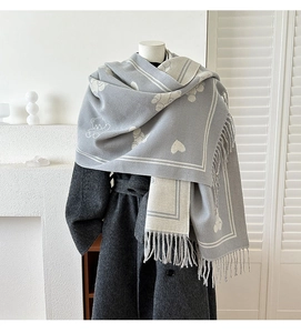 Détail de l'écharpe en imitation cachemire gris et beige à motifs ours et cœurs