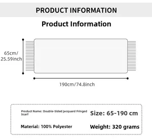 Size chart for double-sided jacquard tassel scarf showing 190x65cm and 100% polyester