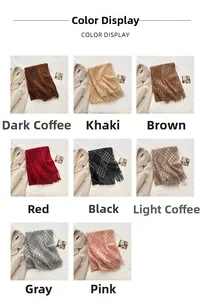 Detailed color display of classic plaid cashmere scarves in eight fashionable autumn tones