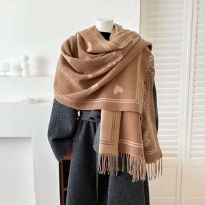 Femme Hiver Chaud Écharpe Épais Imitation Cachemire Châle Double Face Jacquard Ours Cœur Motif Gland Écharpe Enveloppement