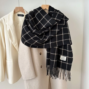Women Plaid Tassel Scarf Thick Warm Imitation Cashmere Large Shawl Grid Pattern Winter Wrap Soft Long Scarf For Women Men
