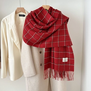 Red plaid scarf with tassels on beige coat, premium winter imitation cashmere wrap