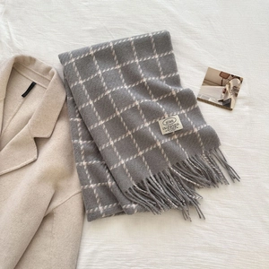Gray plaid scarf with tassels on beige wool coat, minimalist autumn winter shawl wrap
