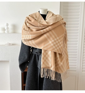 Detail of camel plaid cashmere scarf with soft fringe on a grey wool coat