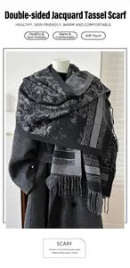 Close-up of double-sided jacquard scarf with tassels in vintage gray and black tones