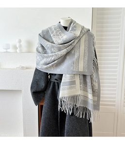 Detail of light blue-gray pashmina scarf featuring abstract marble patterns and fringe
