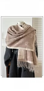 Detail of cute cat jacquard pattern on thick reversible cashmere-feel scarf with tassels