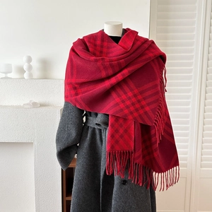 Classic red plaid cashmere shawl with fringe tassels for autumn winter warmth