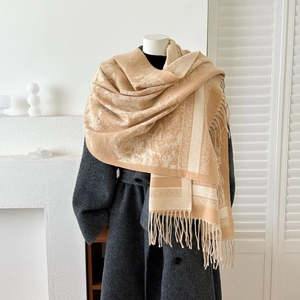 Vintage khaki cashmere scarf with white landscape jacquard and tassel edges