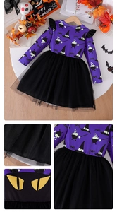 Detail des Mädchen-Halloweenkleids mit lila Oberteil und schwarzem Tüll-Stufenrock