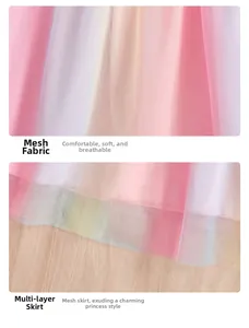Détail du tissu en mesh dégradé arc-en-ciel et jupe en tulle multicouche