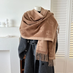 Brown cat jacquard winter scarf with fringes, warm pashmina shawl for women and men