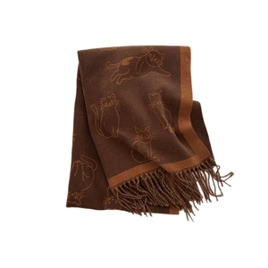 Brown cashmere-feel scarf with cute orange cat patterns and tassel trim on white background