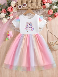 Robe D'été Pour Filles Mélange De Coton Jupe En Maille Arc-En-Ciel Imprimé Licorne Manches Courtes