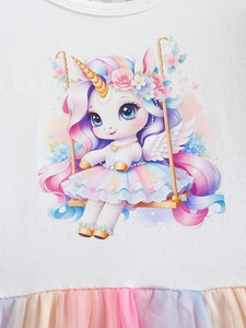 Robe de princesse en tulle licorne arc-en-ciel à manches courtes pour fillettes en été