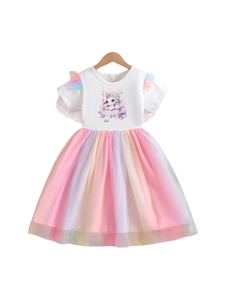 Robe d'été pour filles avec jupe en tulle arc-en-ciel et motif licorne magique