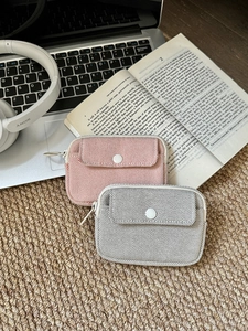 Mini woven cable organizer pouch in red and gray colors with metal zipper and snap button