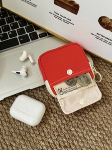Portable mini storage pouch for earphones and coins in red and beige canvas with hook