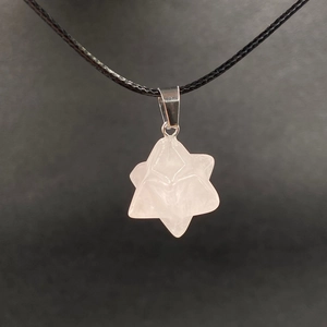 Pink quartz Merkabah star pendant necklace with adjustable black wax rope for women